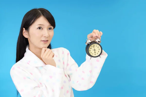 Tired Asian Woman Alarm Clock — Stock Photo, Image