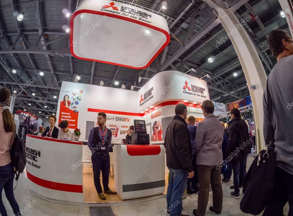 MOSCOW, RUSSIA - APRIL 21, 2017: Booth of Mitsubishi Electric company at PhotoForum 2017 trade show and exhibition in Moscow, Russia on April 21, 2017
