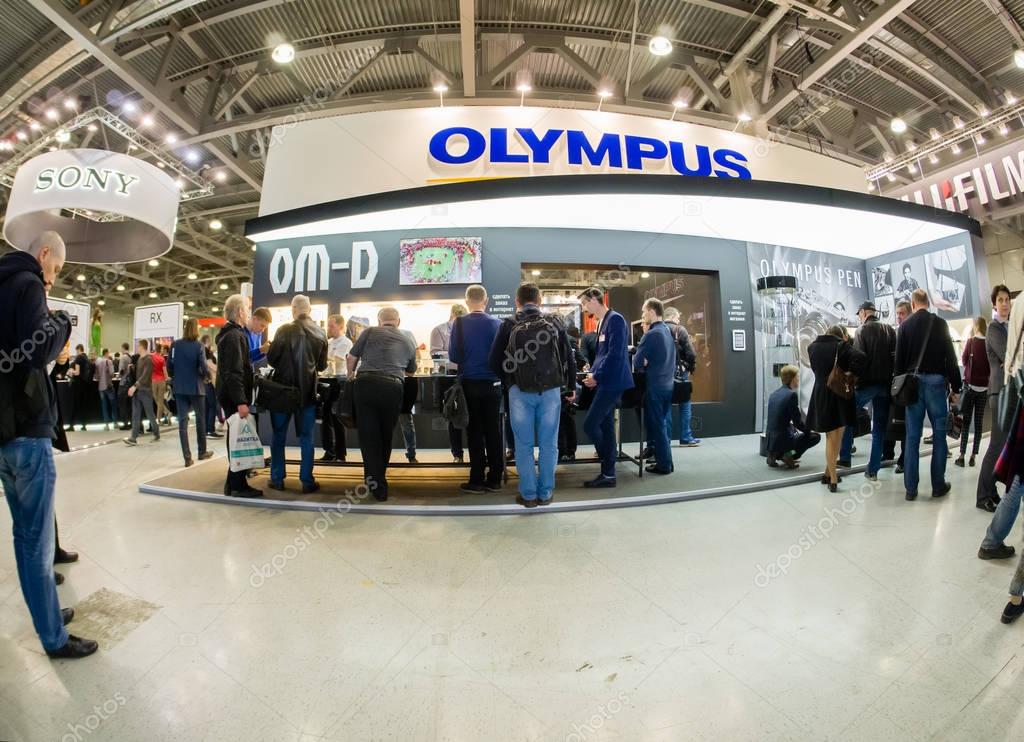 MOSCOW, RUSSIA - APRIL 21, 2017: Booth of Olympus company at PhotoForum 2017 trade show and exhibition in Moscow, Russia on April 21, 2017
