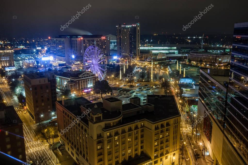 ATLANTA, GA, USA, MARCH 3, 2014 - Aerial night view to CNN Center, Philips Arena and Omni Hotel on March 3, 2014 in Atlanta, GA, USA.