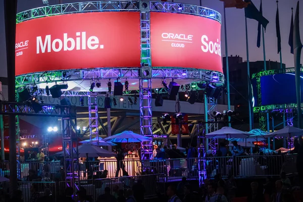 SAN FRANCISCO, CA, USA - SEPT 22, 2013: Outdoor pavilion of Oracle Open World conference opened at Howard street near Moscone Center in the evening on Sept 22, 2013 in San Francisco, CA, USA — Stock Photo, Image