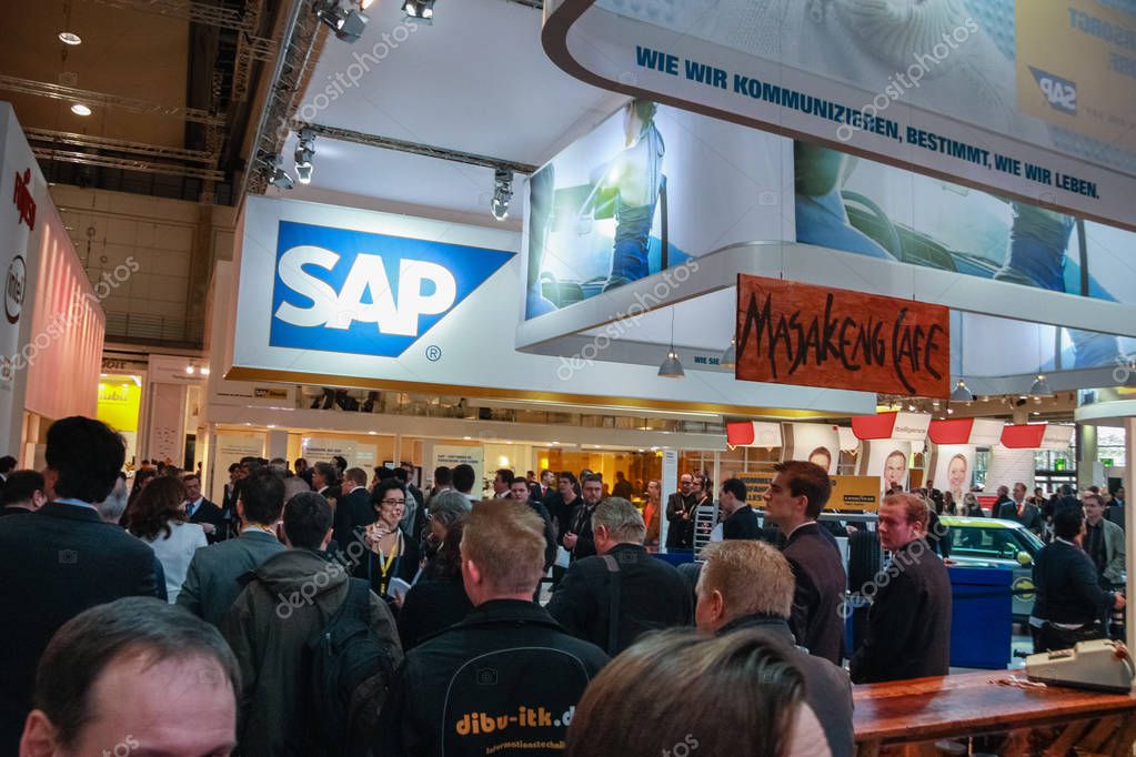 HANNOVER, GERMANY - MARCH 2, 2010: Booth of SAP company at CeBIT information technology trade show in Hannover, Germany on March 2, 2010