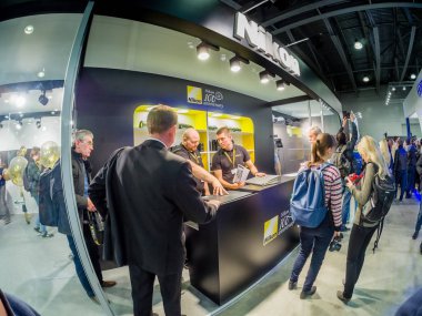 Moskova, Rusya - 13 Nisan 2018: Nikon Booth şirkette Photoforum 2018 Fuar ve sergi 13 Nisan 2018 Moskova, Rusya