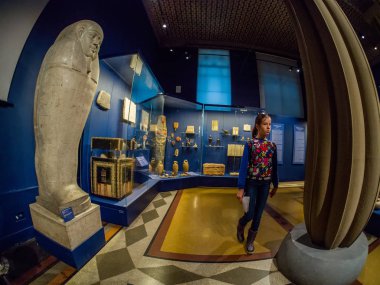 MOSCOW, RUSSIA - JAN 14, 2020: Schoolgirl studies the archaeolog