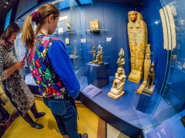 MOSCOW, RUSSIA - JAN 14, 2020: Schoolgirl studies the archaeolog
