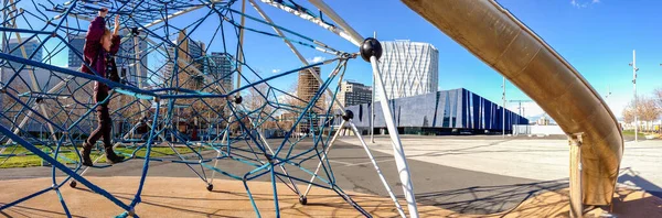 Barcelona Spain February 2014 Active Little Girl Playground Net Rope — Stock Photo, Image