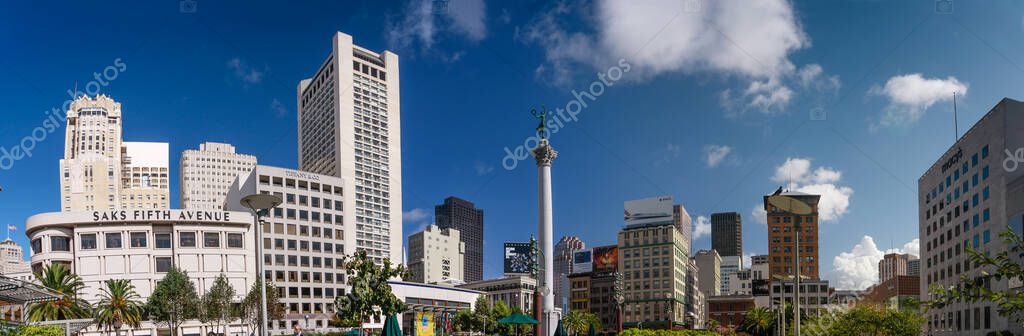 San Francisco Ca Us Oct 5 2011 Panoramic View Of Union Square With Saks Fifth Avenue Tiffany And Macys Shops And Its Historic Dewey Monument On October 5 2011 In San Francisco Ca 360181596 Larastock