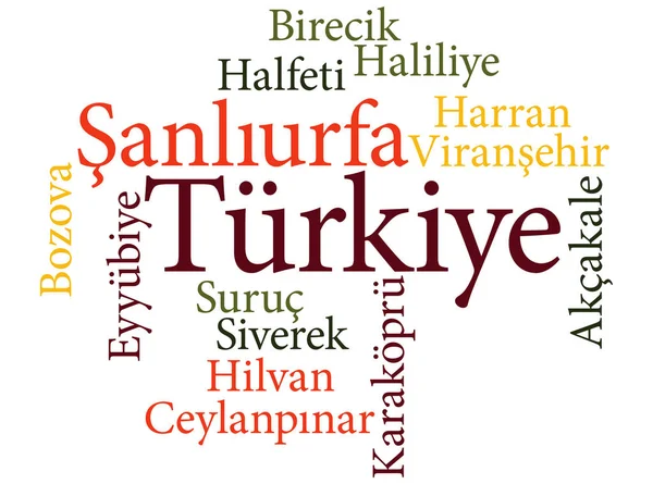 Cidade turca Sanliurfa subdivisões em nuvens de palavras — Vetor de Stock