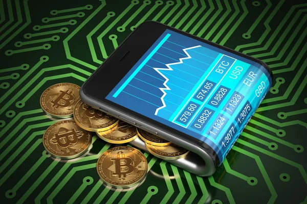 A digitális pénztárca, és a zöld arany Bitcoins fogalmát nyomtatott áramköri kártya — Stock Fotó