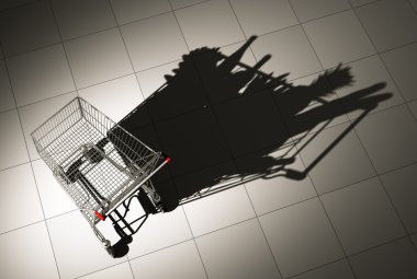 Boş alışveriş sepeti döküm gölge alışveriş sepeti olarak yerdeki yiyecek dolu