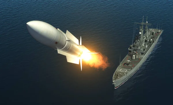 Запуск ракети від Військовий корабель у відкритому морі — стокове фото