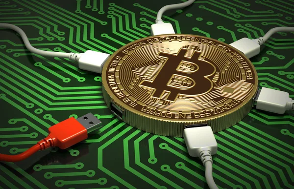 Червоні і білі Usb проводів підключений до Bitcoin на зелений друкованих плат — стокове фото