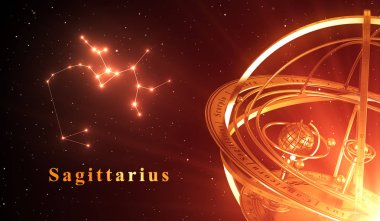 Zodyak Constellation Yay ve Armillary küre kırmızı bir arka plan üzerinde
