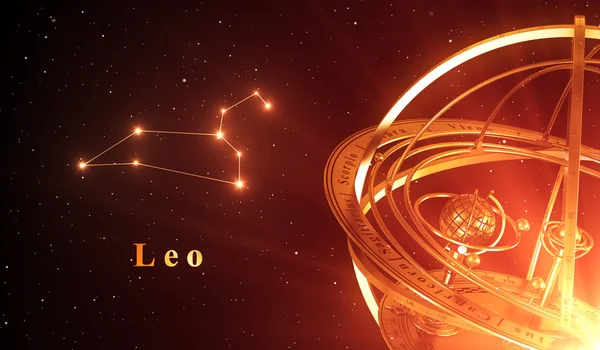 Zodiac Constellation Leo And Armillary Sphere Over Red Background — Stock Photo, Image