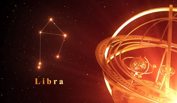 Constelação do zodíaco Libra e esfera armilar sobre fundo vermelho — Fotografia de Stock