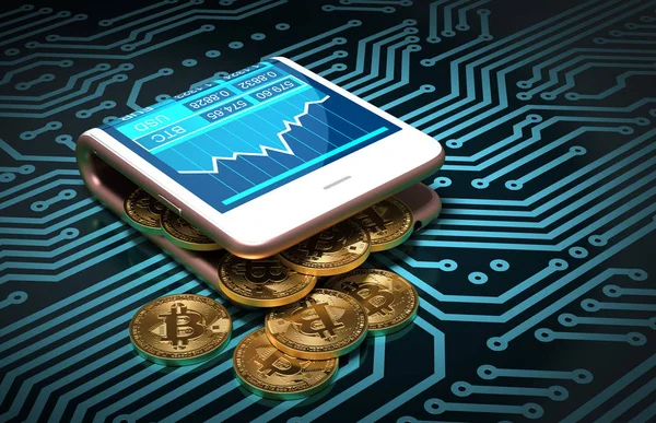 Koncepció és digitális levéltárca Bitcoins a nyomtatott áramköri lap. Bitcoins olajfolt ki a rózsaszín ívelt Smartphone. — Stock Fotó