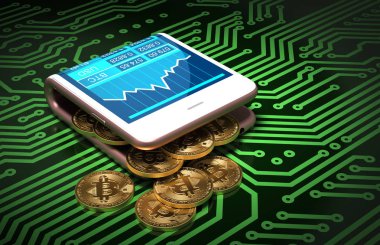 Kavramı dijital cüzdan ve Bitcoins yeşil baskılı devre kartı