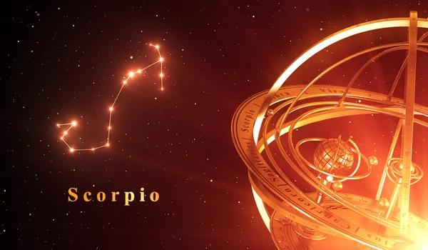 Esfera de Escorpio y Armilar de Constelación del Zodíaco sobre fondo rojo — Foto de Stock