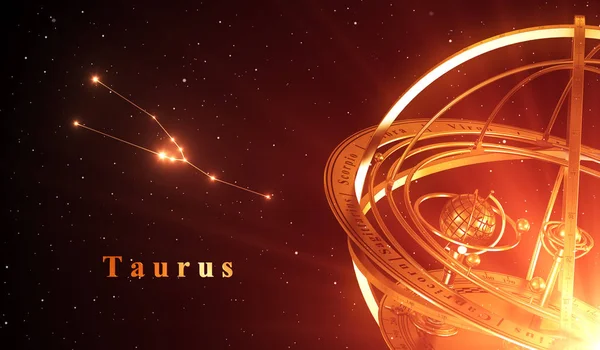 Taurus konstelacji zodiaku i sfera armilarna na czerwonym tle — Zdjęcie stockowe