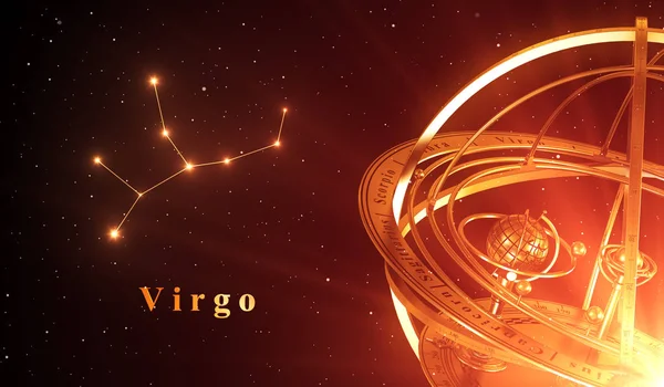 Созвездие Зодиака Дева и армиллярная сфера на красном фоне — стоковое фото