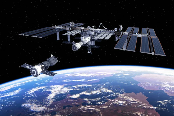 Nave espacial acoplada a la Estación Espacial Internacional — Foto de Stock
