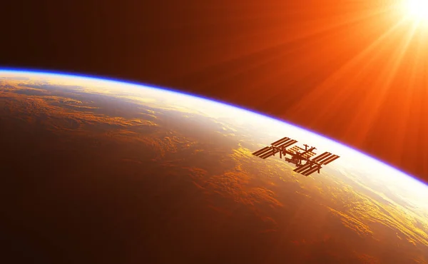 Estação Espacial Internacional nos Raios do Sol Nascente — Fotografia de Stock