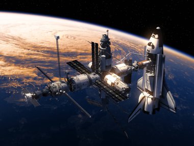 Uzay mekiği ve Dünya 'nın yörüngesindeki uzay istasyonu