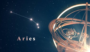 Zodyak Constellation Koç ve Armillary küre mavi arka plan üzerinde