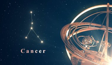 Zodiac Constellation Cancer And Armillary Sphere Over Blue Background clipart