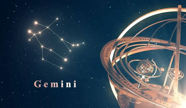 Sternbild Gemini und Armillarsphäre vor blauem Hintergrund — Stockfoto