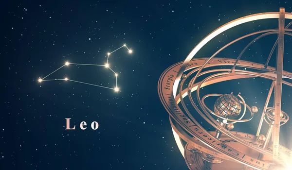 Constelação do zodíaco Leo e esfera armilar sobre fundo azul — Fotografia de Stock