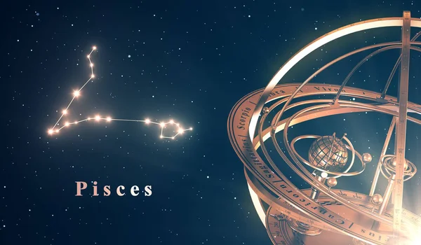 Zodiac Constellation Pisces And Armillary Sphere Over Blue Background — Stock Photo, Image