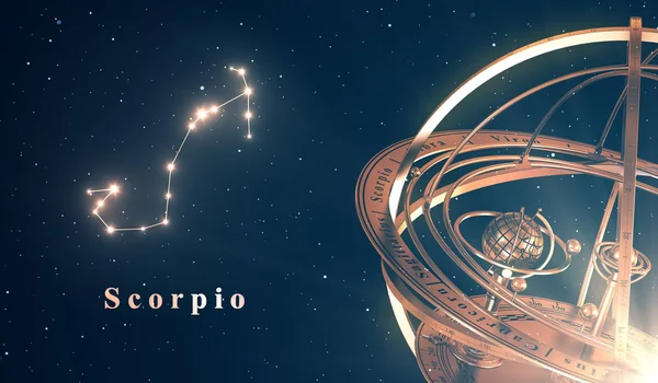Зодиакальное созвездие Скорпиона и армиллярная сфера на синем фоне — стоковое фото
