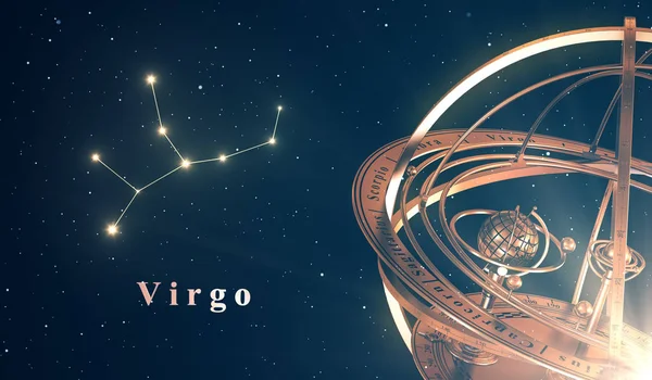 Constelația zodiacală Fecioară și sfera armilară deasupra fundalului albastru — Fotografie, imagine de stoc