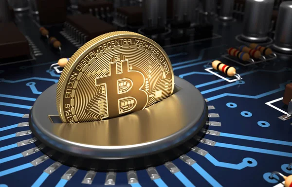 Bitcoin üzembe pénzbedobó nyílást kék alaplap — Stock Fotó