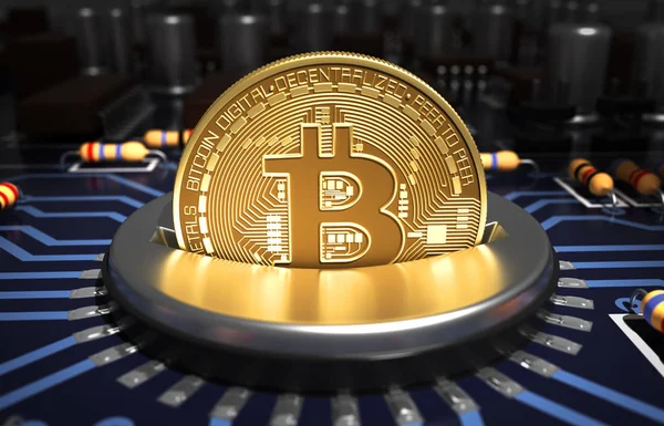 Bitcoin ingebruikneming betaalautomaat op blauwe moederbord — Stockfoto