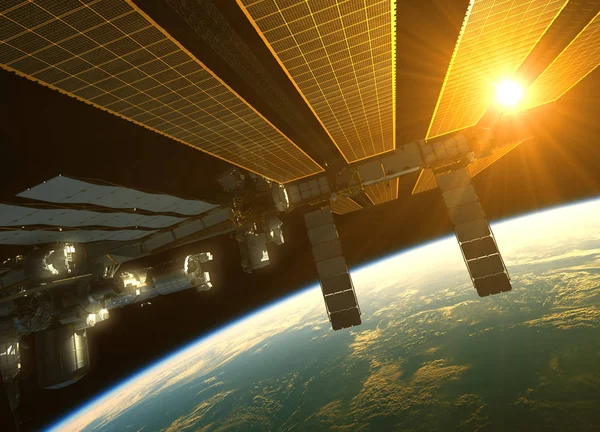 Międzynarodowej stacji kosmicznej w promienie słońca słońce nad ziemią — Zdjęcie stockowe