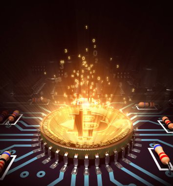 Bitcoin gibi bir bilgisayar işlemcisi ile sihirli dijital ışık kavramı