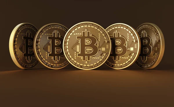 Fünf virtuelle Münzen Bitcoins auf braunem Hintergrund — Stockfoto