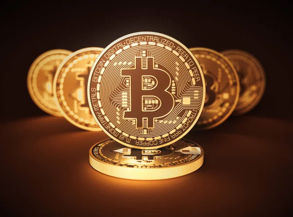 Віртуальний монети Bitcoins на фоні коричневий — стокове фото