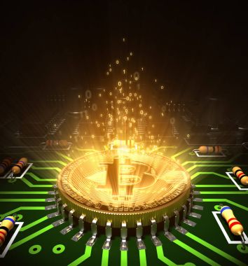Bitcoin gibi bir işlemci, anakart üzerinde sihirli dijital ışık kavramı