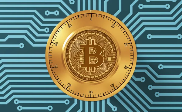 Begreppet Bitcoin Like A elektroniska säkerhetslås på blå kretskortet — Stockfoto