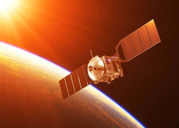 Satellit i Rising Sun strålar — Stockfoto