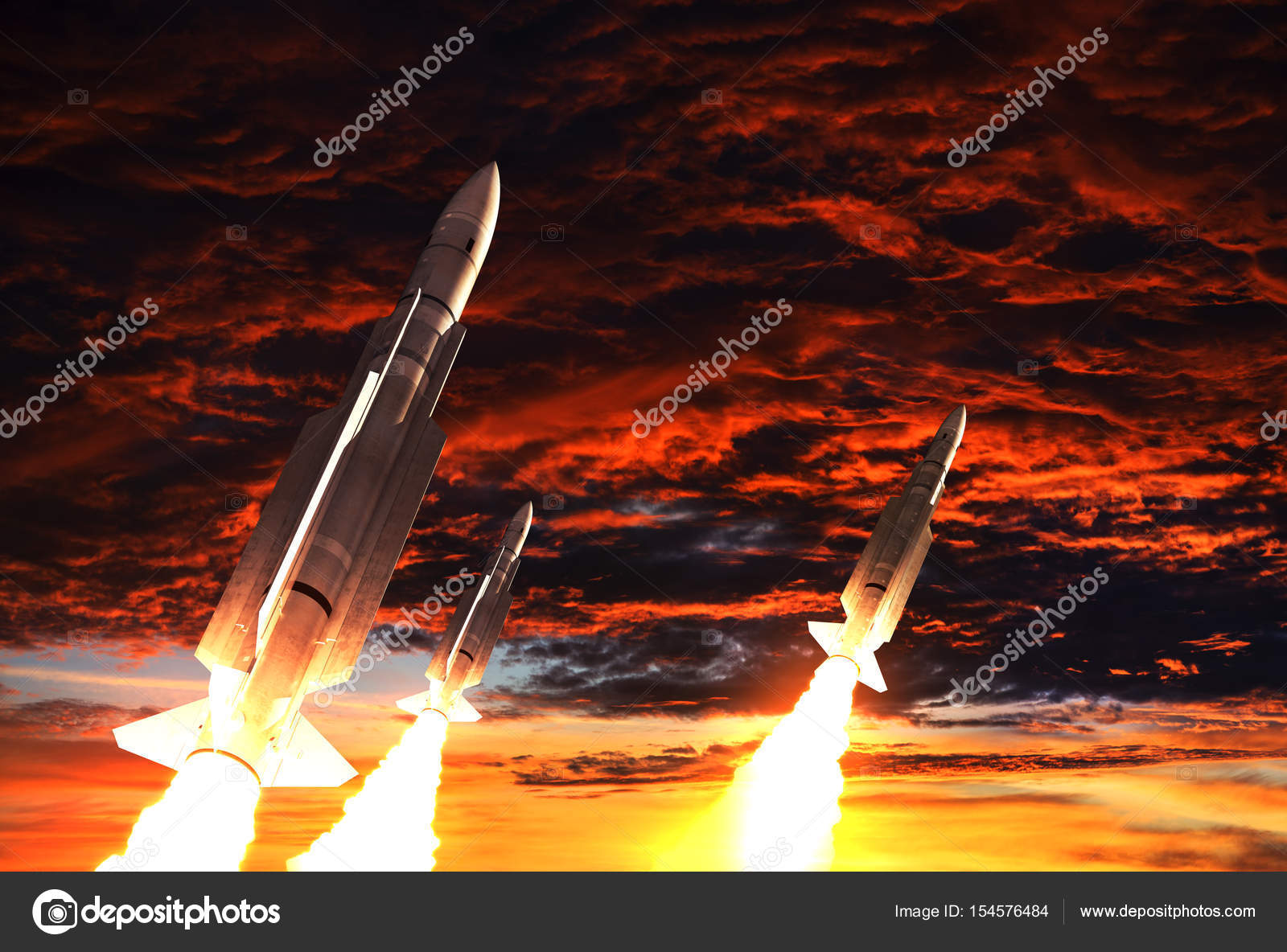 三枚火箭起飞的世界末日天空背景——图库图片© 3DSculptor #154576484, image size:1600x1184