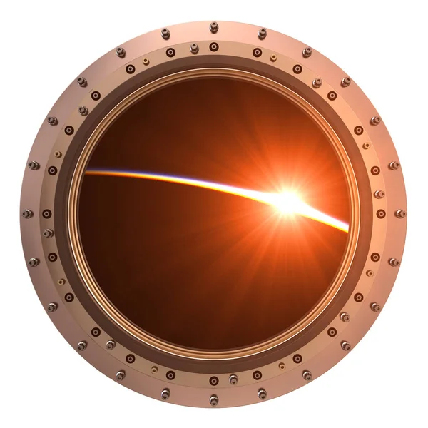Blick auf den Sonnenaufgang durch das Bullauge des Raumschiffs — Stockfoto