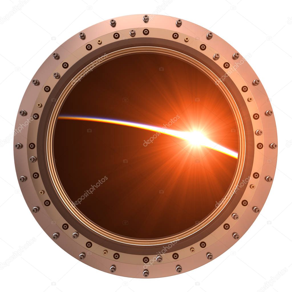 View On The Sunrise Through The Porthole Of Spaceship