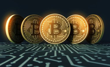 Beş sanal Bitcoins mavi baskılı devre kartı üzerinde paralar