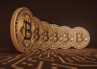 Altı sanal Bitcoins baskılı devre kartı üzerinde paralar