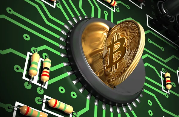 Mettere Bitcoin in Fessura di Moneta Su Scheda madre Verde E Creare la Forma di Cuore Con Riflessione — Foto Stock