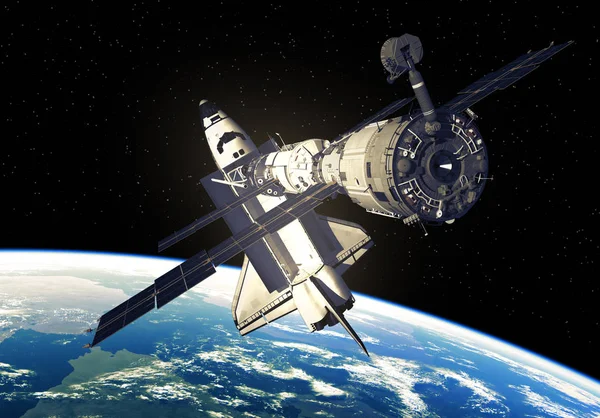 Space Shuttle i stacji kosmicznej nad ziemią — Zdjęcie stockowe